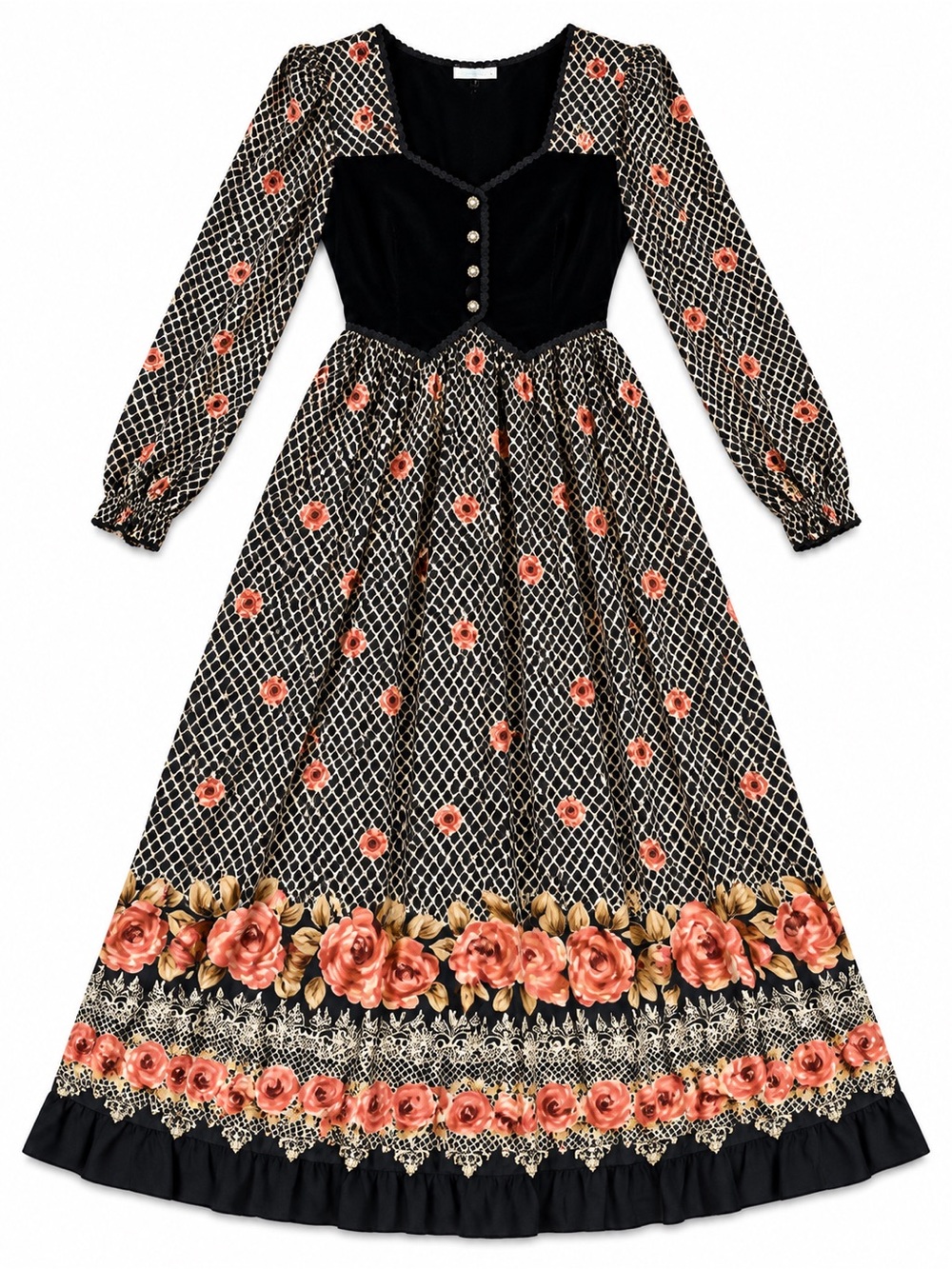 Vintage 90s Black Floral Maxi Dress with Velvet Bodice Vest